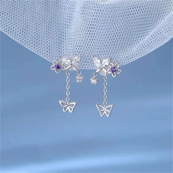 NEW S925 Silver Crystal Butterfly Tassel Earrings - Picture 1 of 2